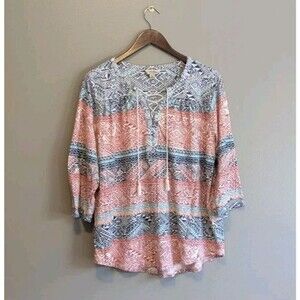 Lucky Brand 1X Women's Peasant Blouse Lace Up Tunic Shirt Relaxed Top Aztec Red